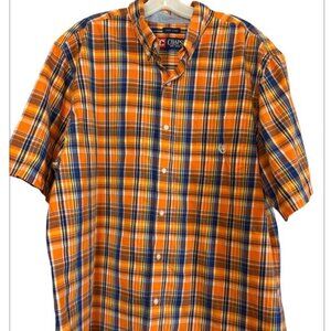 Chaps Easy Care Plaid Orange & Navy Short Sleeve Button Shirt Size XXL